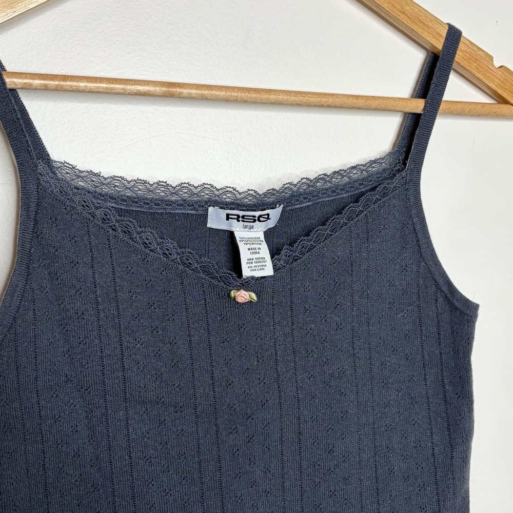 Lace Trim Pointelle Knit Cami Tank Top Womens L Y2K Cottagecore Coquette Strappy - Picture 2 of 4